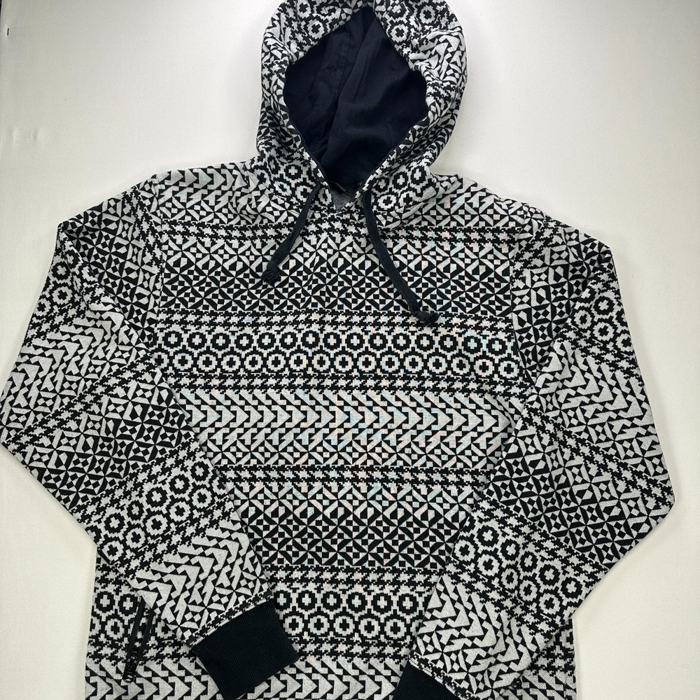 Black Scale Hoodie Mens M/L Black White Geometric Pattern Pullover Streetwear
